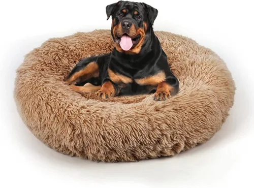 Miniatura 15 de Cama para perros, cama calmante para gatos, cama de felpa de piel sintética con forma de rosquilla para mascotas, cama redonda para perros y gatos