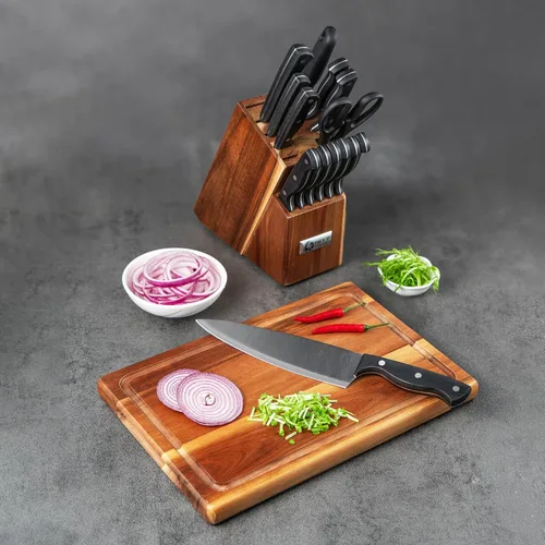 Miniatura 2 de Juego de cuchillos de cocina de madera para cocina con bloque de cuchillos de acero inoxidable, 16 piezas y tabla de cortar con ranura, asas negras