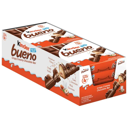 Kinder Bueno Chocolate con leche y crema de avellanas, paquete de 8 unidades, 4 barras por paquete, barras de chocolate envueltas individualmente, 3