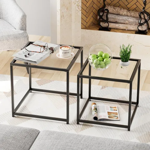 Miniatura 16 de Garden 4 you Juego de 2 mesas auxiliares modernas, mesa anidable de cristal, juego de mesa central cuadrada con marco de metal, mesas auxiliares