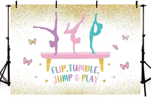 Miniatura 2 de MEHOFOND Telón de fondo de gimnasia de cumpleaños para niñas, gimnastas, volteador, saltar y jugar, suministros de decoración de fiesta, fondo