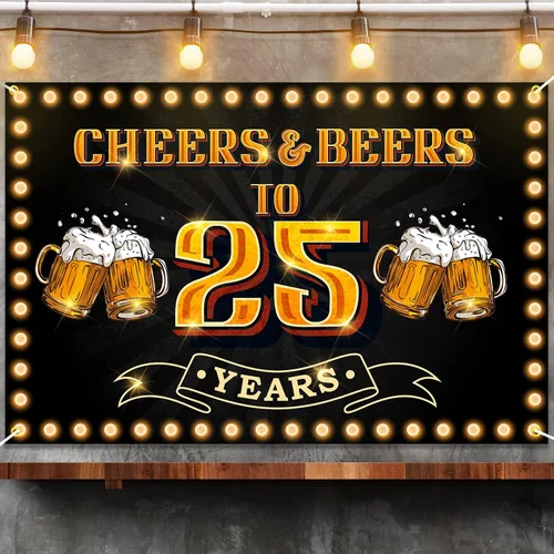 Miniatura 3 de Pancarta de texto «Cheers and Beers to 25 years Happy 25th Birthday» para hombres y mujeres, fotografía, cumpleaños, aniversario, fiesta