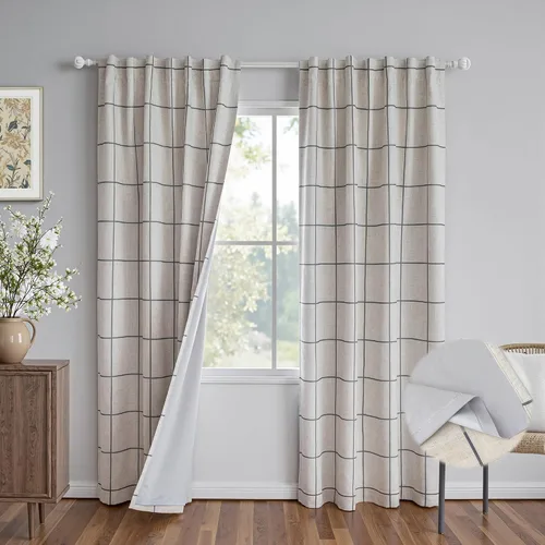 Miniatura 21 de MYSKY HOME Cortinas de Lino a Cuadros 100% Opacas de 45 Pulgadas de Largo de Doble Capa Estilo Granja con Aislamiento Térmico Estampado a Cuadros
