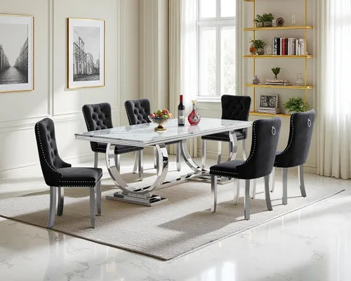 Miniatura 64 de Juego de mesa de comedor de 5 piezas para 4, mesa de cocina de mármol negro de 68 pulgadas con 4 sillas beige, mesa de comedor rectangular moderna