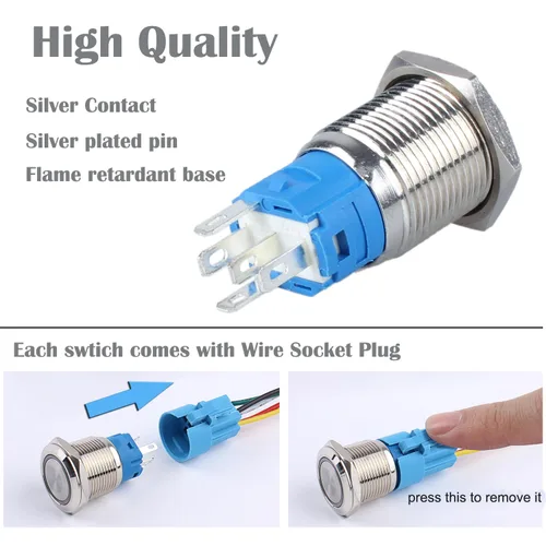 Miniatura 4 de 2 interruptores de botón de bloqueo de 0.630 in 12V-24V 1NO 1NC impermeable IP66 botón de metal autobloqueante para orificio de montaje de 5/8