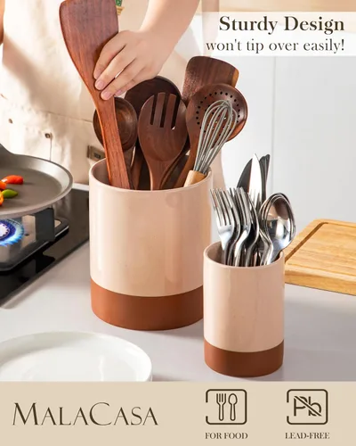 Miniatura 3 de MALACASA Soporte para utensilios, Portautensilios de cerámica de 7.3"+5.5" pulgadas para encimera de cocina, recipientes grandes para utensilios