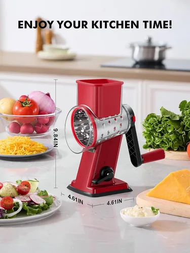 Miniatura 7 de Rallador de queso giratorio GDL con manivela manual - Rallador de queso mejorado con 4 cuchillas intercambiables, rallador giratorio con base de Rojo