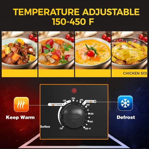 Miniatura 9 de Horno tostador eléctrico de 22 cuartos con bandeja extraíble y tapa de autohilvanado, perfecto para asar pavo con control de temperatura de 150 a