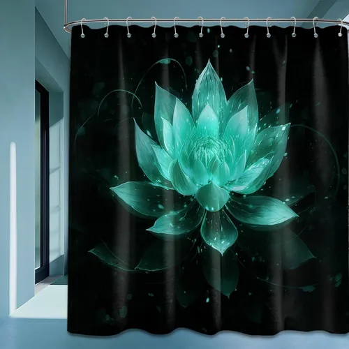 Miniatura 24 de Cortina de ducha con flores de loto negro y azul para decoración de baño, juego de cortinas decorativas de baño con estampado floral, tela