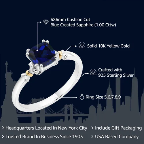 Miniatura 2 de Gem Stone King Anillo de compromiso de plata de ley 925 y oro amarillo de 10 quilates de 0.236 in con piedra preciosa de corte cojín Anillo
