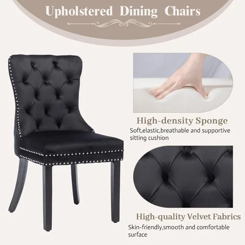 Miniatura 4 de KCC Nikki Collection - Juego de 2 sillas de comedor de terciopelo tapizadas de alta gama con anillo trasero de clavo, patas de madera maciza