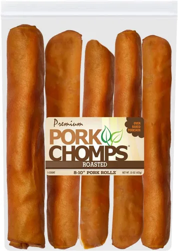 Pork Chomps Masticables de piel de cerdo asada para perros, rollos de 8 pulgadas, 5 unidades