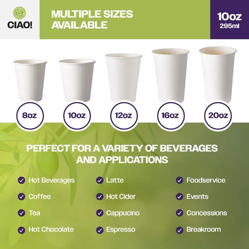 Miniatura 5 de CIAO! Vaso de papel para bebidas calientes de 10 onzas, blanco, desechable, diámetro de 90 mm, 1.000