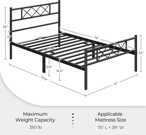 Miniatura 2 de Topeakmart Base de cama de metal negro con cabecero, base de colchón, cama de plataforma, base de cama con listones, tamaño individual