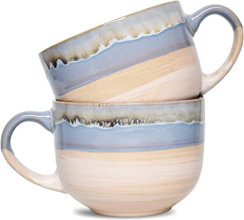 Bosmarlin Juego de 2 tazas de café grandes de cerámica, tazas de café jumbo de gres para oficina y hogar, 16 onzas, aptas para lavavajillas y Azul