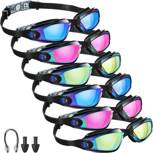 Flutesan Paquete de 6 gafas de natación para adultos, antiniebla, con tapones para los oídos, clip para la nariz, sin fugas, protección completa