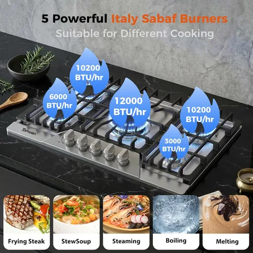 Miniatura 4 de Cocina de gas de 30 pulgadas, estufa de gas TOPWISH con 5 quemadores SABAF de alta eficiencia, 41400 BTU, NG/GLP convertible, estufa de propano