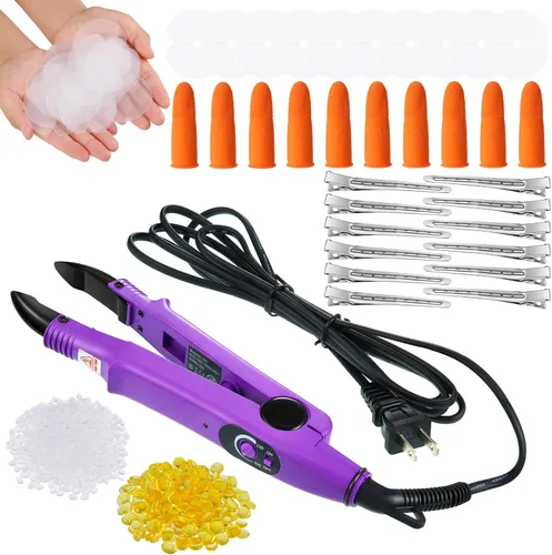 Miniatura 8 de Kit de extensión de cabello de queratina: plancha térmica, gránulos de pegamento de queratina, plantillas protectoras, pinzas para el cabello y Negro