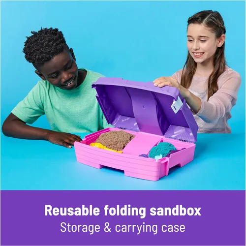 Miniatura 4 de Kinetic Sand, Juego de palacio de sirena con caja de arena plegable de 0,93 kg de arena de juego (morado neón, verde azulado brillante y playa)
