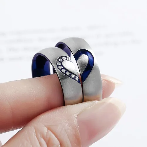 Miniatura 3 de Anillos de promesa para parejas, para él y para ella, juego de anillos de boda con texto en inglés "I Love You" grabado a juego con corazón azul