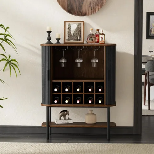 FiveWillowise Gabinete de Bar de Café Negro con Almacenamiento, Gabinete de Licores y Vinos Acanalado con Puertas Corredizas, Portavasos y