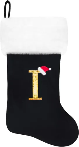 Miniatura 73 de Calcetines de Navidad bordados de 20 pulgadas con monograma, terciopelo negro con puño de felpa blanca supersuave, adornos clásicos para decoración