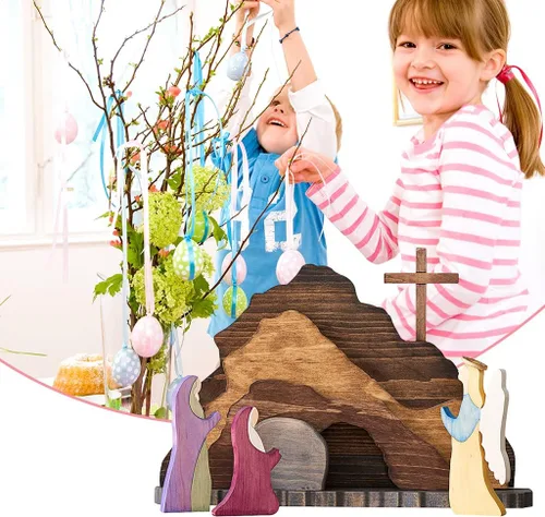 Miniatura 3 de IoF Adorno de escena de resurrección de Pascua, decoración de Pascua religiosa de madera, figuras de tumba vacía cristiana de madera, juego