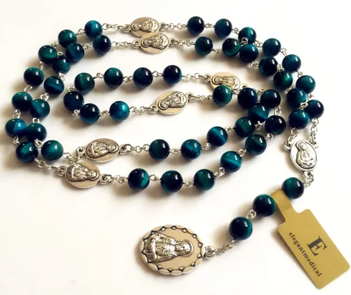 Miniatura 9 de elegantmedical Hecho a mano Rara Pavo Real BuleTiger Eye Jade Cuentas Siete 7 PELÍCULAS MARÍA MEDALLA Rosario Collar Regalos Católicos, Vidrio