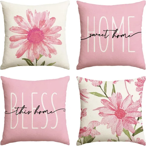 Miniatura 17 de AVOIN colorlife Home Sweet Home - Juego de 4 fundas de almohada amarillas para primavera y verano, 16 x 16 pulgadas, funda de cojín azul para sofá