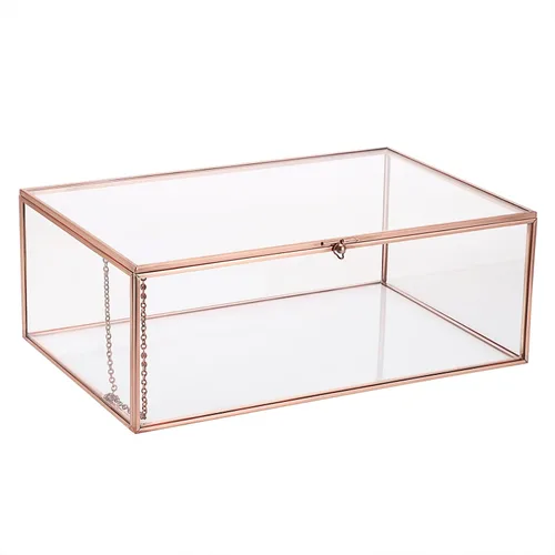 Hipiwe Caja de cristal vintage de color oro rosa con tapa, organizador rectangular de joyería, caja organizadora de tocador, decoración del hogar,