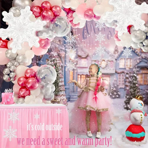 Miniatura 2 de Kit de arco de guirnalda de globos de invierno rosa, cromado, plateado, rojo y blanco con globos de copo de nieve para niñas Onederland princesa