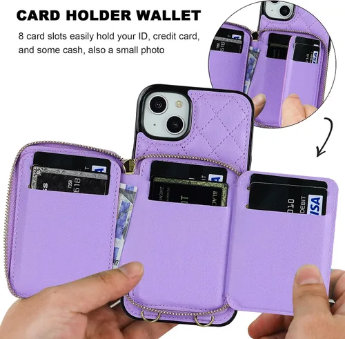 Miniatura 4 de Bocasal Funda tipo cartera cruzada para iPhone 14 Plus, bloqueo RFID, de piel sintética, con cremallera, funda tipo cartera con función atril