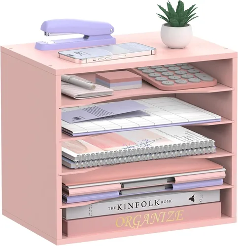 Miniatura 14 de Organizador de escritorio de madera de 5 niveles, organizador de bandeja de papel para escritorio con estantes de almacenamiento ajustables, Blanco
