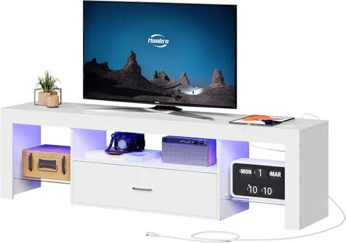 Miniatura 11 de HOOBRO Soporte de TV LED con tomas de corriente para TV de hasta 65 pulgadas, centro de entretenimiento para videojuegos con estantes de vidrio