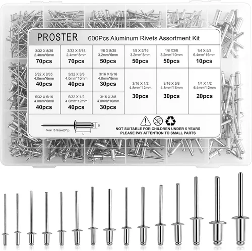 Miniatura 9 de Proster Kit surtido de 600 remaches ciegos de aluminio negro, 15 tamaños (3/32 pulgadas - 1/4 pulgadas) con estuche de almacenamiento portátil