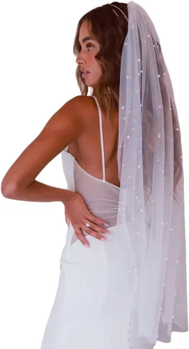 HONGMEI Pearl Bride - Velos de novia de tul para novia, accesorios para el cabello, 1 nivel de longitud de los dedos, velos de novia con peine