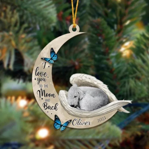 Miniatura 148 de Adorno colgante personalizado de ángel durmiendo en la luna, perro sabueso afgano, nombre personalizado, acrílico impreso en 2D plano – cumpleaños
