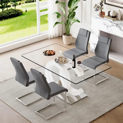 Miniatura 45 de gopop Mesa de comedor de cristal de 63 pulgadas, mesa de cocina moderna, mesa de comedor de vidrio transparente con patas de diseño único negro