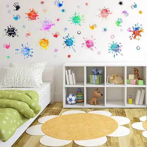 Miniatura 4 de PLIGREAT 3 hojas coloridas de huellas de manos salpicadas de pintura, citas inspiradoras, calcomanías de pared extraíbles de vinilo para despegar
