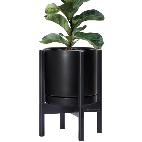 Miniatura 25 de D'vine Dev Maceta de cerámica con soporte de ébano – Maceta redonda moderna de 8 pulgadas con soporte para maceta de madera, color negro, 55-B-M-2