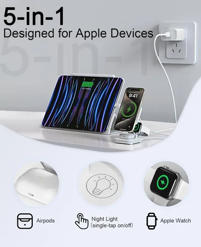 Miniatura 2 de Soporte de carga inalámbrica magnética 5 en 1 para cargador MagSafe de Apple con luz nocturna para iPhone 17/16/15/14/13/12, Watch, AirPods