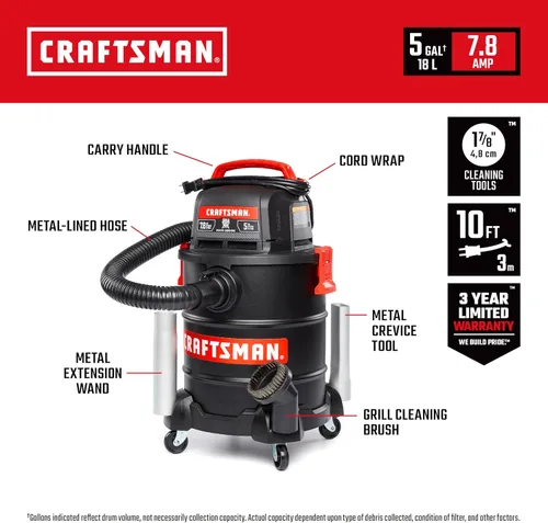 Miniatura 2 de CRAFTSMAN CMXEVBE17050 - Aspiradora para cenizas y parrilla (5 galones, 7.8 amperios) Portable Dry Only Shop Vacuum with Drum Filter, Cartridge