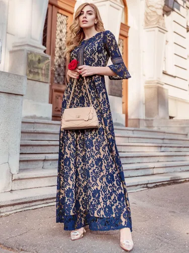 Miniatura 4 de MISSMAY - Vestido largo formal con mangas de campana, hecho totalmente en encaje, estilo vintage, para mujer