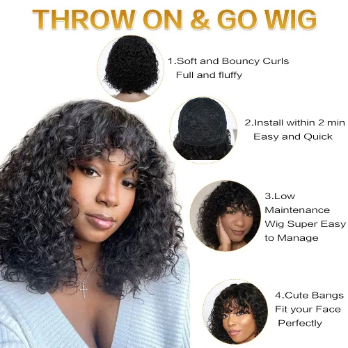 Miniatura 3 de JOEDIR HAIR Peluca corta y rizada con flequillo, peluca de cabello humano virgen brasileño de 12 pulgadas para mujeres negras, peluca Jerry Curl