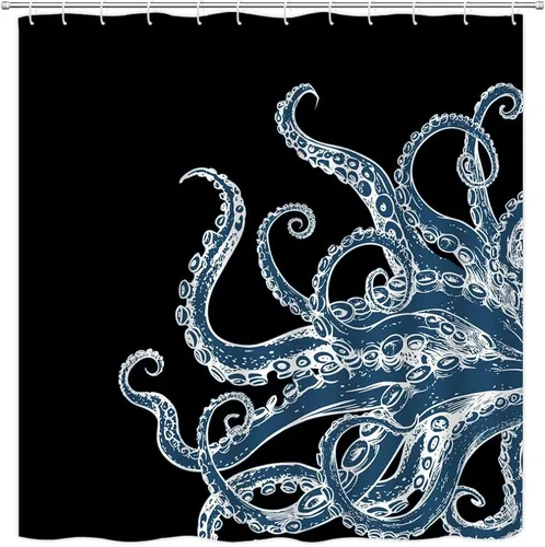Miniatura 11 de Cortina de ducha de tentáculo de pulpo, diseño de kraken de océano blanco y negro, divertido animal náutico, vida marina, fresco, moderno, único