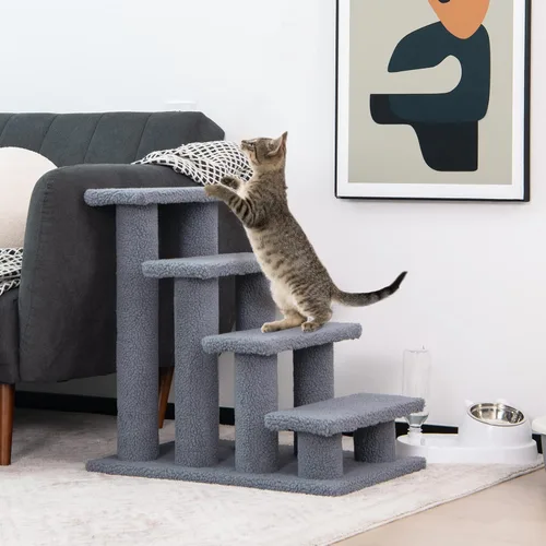 Miniatura 2 de Tangkula Escaleras para mascotas para gatos y perros, rampa de escalera alfombrada de 4 escalones, poste rascador para gatos, escaleras de varios