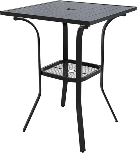 VICLLAX Mesa de altura de barra para patio, mesa de bistró cuadrada para exteriores con agujero para paraguas, marco de metal y diseño de listones,
