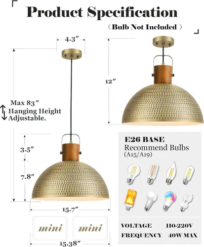 Miniatura 3 de ELYONA Lámparas colgantes martilladas grandes de 16 pulgadas, lámpara colgante de cúpula vintage de madera de fresno, candelabro de cocina de metal