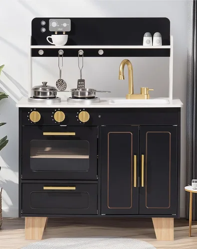 ROBUD Juego de cocina de madera estilo mármol con estufa, horno y fregadero realistas para niños a partir de 3 años