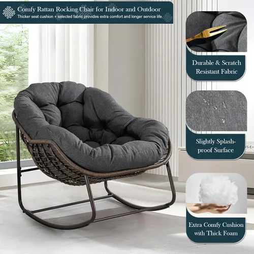 Miniatura 5 de Juego de 2 mecedoras para exteriores, silla mecedora de huevos de mimbre de gran tamaño, para interiores y exteriores, cómoda silla mecedora con Gris